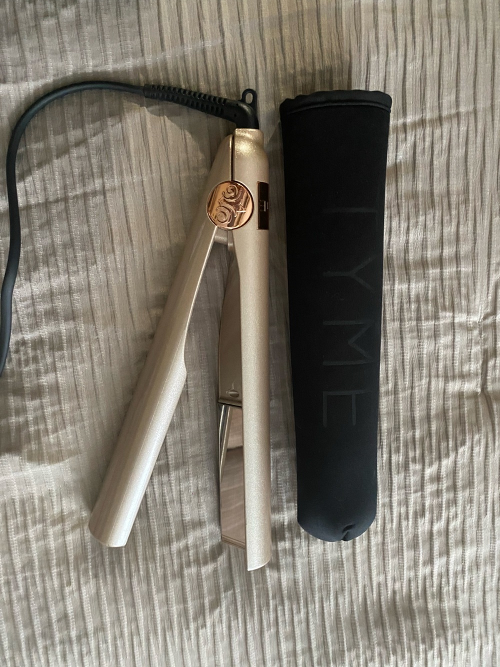TYME Pearl White Mini Flat Iron with Rose Gold Logo